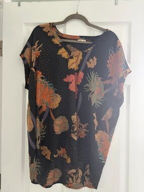 JODIFL Black Floral V-Neck Top with Orange & Green Blooms